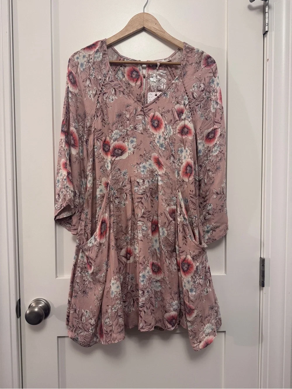Blu Pepper Dusty Rose Floral Long Sleeve Mini Babydoll Dress L NWT